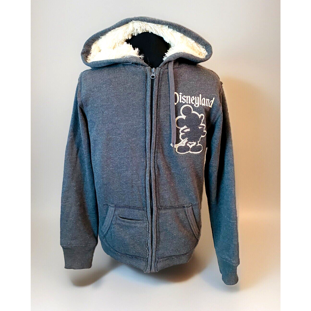 Disneyland Parks Hoodie Sweatshirt Gray Sherpa Full Zip Mickey Mouse Sz Small